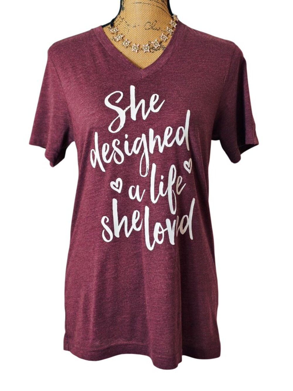 Womens Inspirational Tee S She Designed A Life She Loved Maroon V-Neck Quote